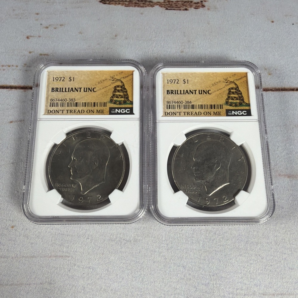 (2) 1972 Eisenhower Dollar Type 1 NGC Brilliant Uncirculated Gadsden Flag Slabs